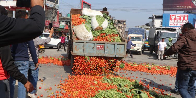 Dissenting farmers throw agro produce in the road