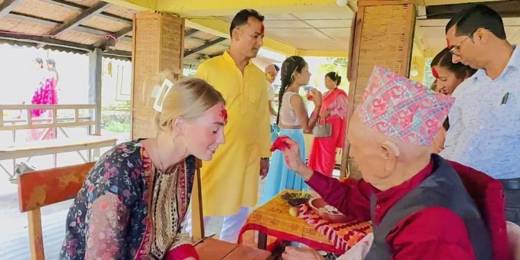 Foreign tourists observe Bijaya Dashami festival in Sauraha