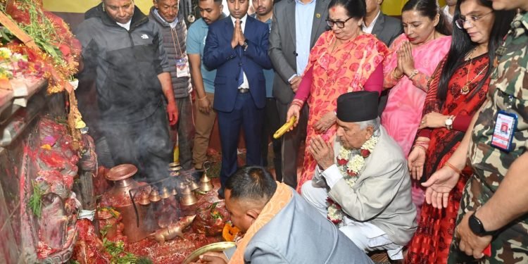 President Paudel offers prayers at Sapantirtha temple