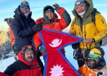 NC’s general secretary Bishwa Prakash Sharma and Record-Setting Mountaineer Mingma Sherpa summit Lobuche Peak