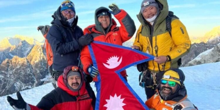 NC’s general secretary Bishwa Prakash Sharma and Record-Setting Mountaineer Mingma Sherpa summit Lobuche Peak