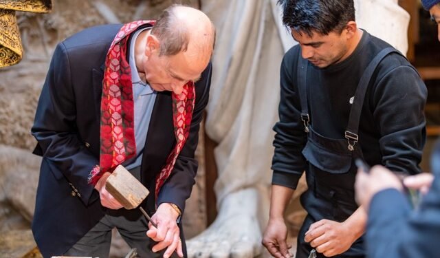 Prince Edward tries his hand at wood carving in Bhaktapur